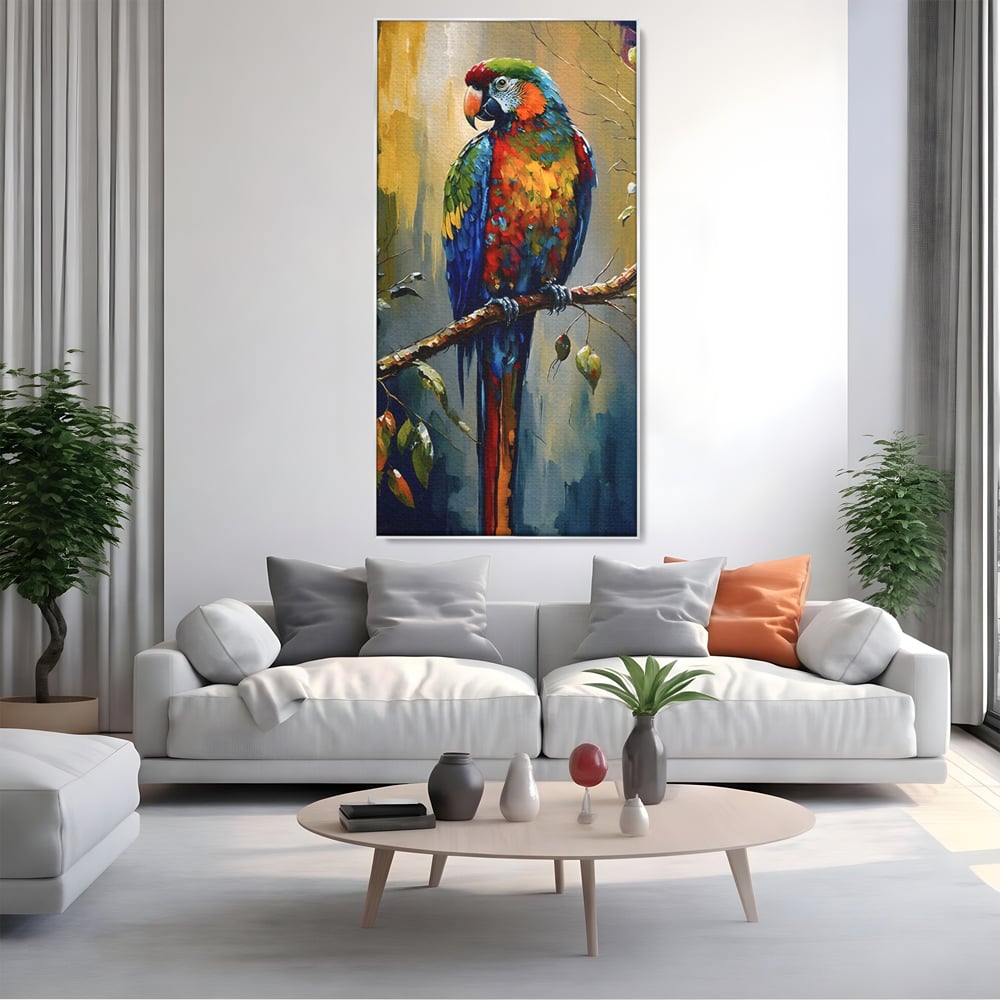 Tablou canvas cu tablou canvas cu papagal colorat, in rama de aluminiu argintiu, pe perete intr-un living